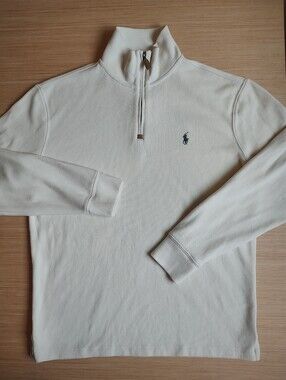 Ralph Lauren Quarter 1/4 Zip Mock Neck Off White Cream Green Pony Pullover M Men